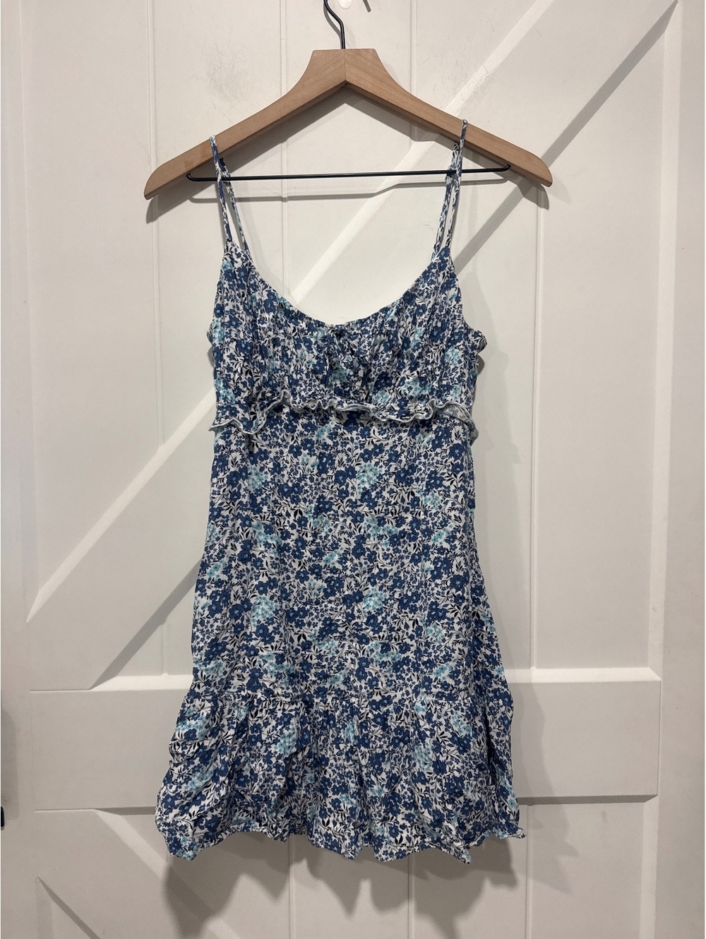 Altar’d State Blue and White Floral Sundress with Ruffle Detail, Size M